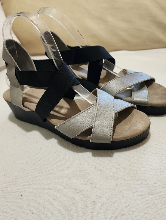 Arche Shoes - Arche Satia Leather  Silver and Black Wedge Sandals with Elastic Cross Straps